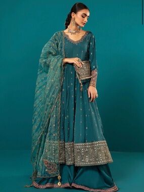 Maria B Embroidered Anarkali 3 Piece Set | Pakistani Formal Wedding Wear | Teal